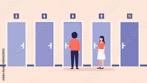 People queuing for different bathroom stalls with gendered signs
