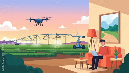 Person working on laptop in room overlooking automated farm irrigation with drone