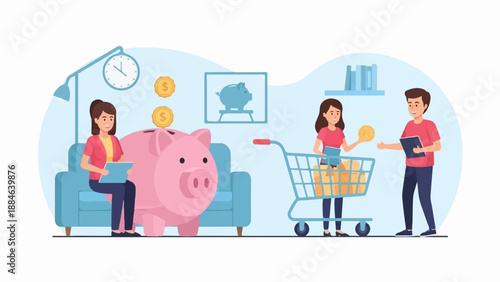 People saving coins in piggy bank and shopping cart, planning expenses