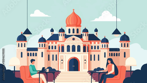 People enjoy coffee outside grand building with domes