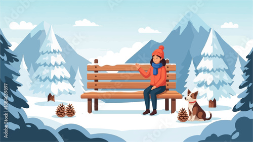Person and dog enjoying a snowy mountain landscape from a bench