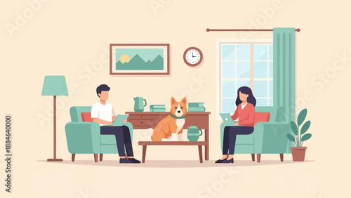 Two people and a dog relaxing at home with laptops
