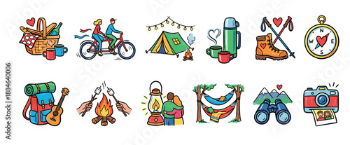 Set of colorful hand-drawn illustrations depicting romantic camping, hiking, and outdoor adventure activities for a couple, including a tent, campfire, bicycle, and picnic basket