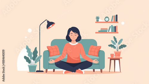 Woman meditating peacefully on a sofa in a cozy, plant-filled room