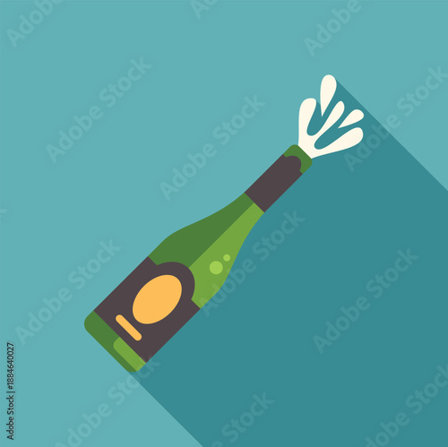 Green champagne bottle spraying white fizz in a flat design style with a long shadow
