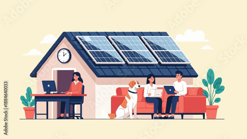 People working from home beside solar panels on house roof