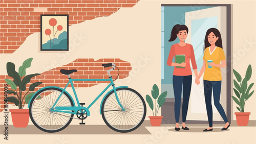 Two women walk out of a doorway, one holding a book, the other a cup