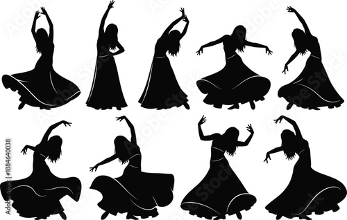 Flamenco dancer silhouette set showing expressive female dance poses isolated on white background elegant vector illustration cultural performance art collection design