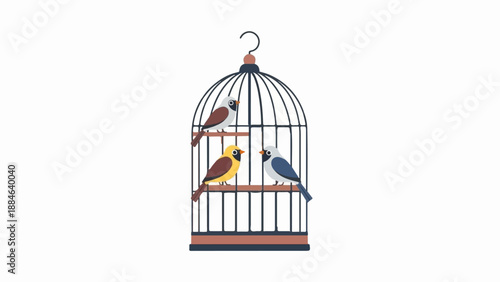 Three birds perched inside a decorative cage with a hook