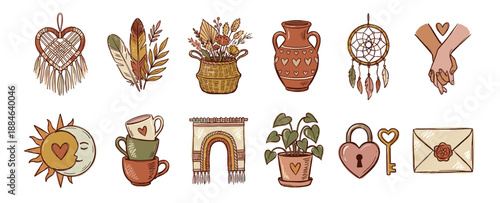 Collection of hand-drawn bohemian illustrations featuring romantic elements like a macrame heart, dreamcatcher, sun and moon, and holding hands for a cozy, loving aesthetic