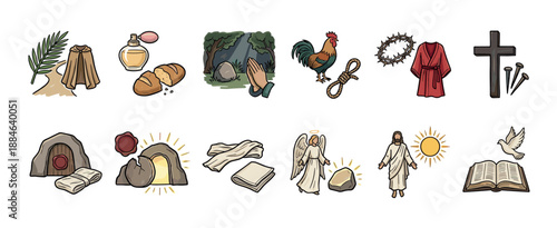 Collection of hand-drawn Christian symbols illustrating the biblical story of the passion, crucifixion, and resurrection of Christ during Holy Week and Easter
