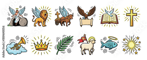 Collection of twelve colorful Christian symbols drawn in a cartoon doodle style, featuring a cross, lamb, angel, dove, lion, and fish representing various biblical concepts