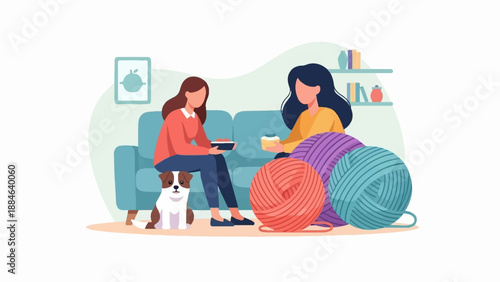 Two women and a dog relax indoors with yarn and a snack