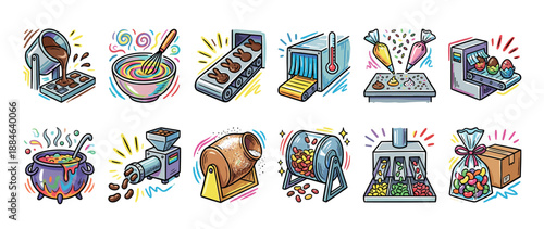 Set of colorful cartoon icons illustrating the candy and chocolate making process, from mixing ingredients to packaging, showing factory machinery and confectionery production steps