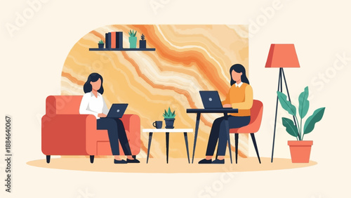 Two women work on laptops in a modern, cozy home office