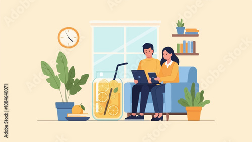 Two people working on laptops while relaxing with lemonade