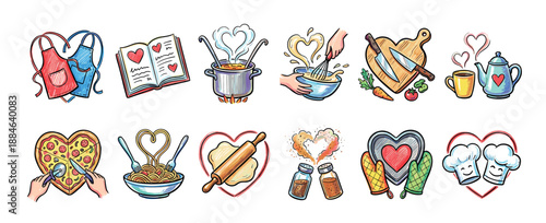 Set of charming hand-drawn cooking icons with a romantic theme, featuring heart-shaped food, kitchen utensils, aprons, and chef hats in a cute, colorful doodle style illustration