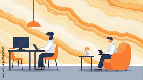 Modern office with people working on laptops