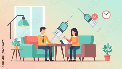 Two people in a living room discussing medical treatment with giant syringes overhead