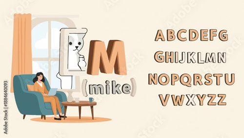 Woman works on laptop in armchair, large letter M with cat on screen