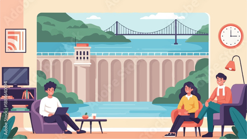 Three people relax indoors with a view of a large dam, bridge, and river
