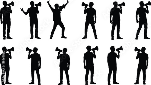 Male protester silhouette set using megaphone for announcement activism communication leadership shouting gesture isolated vector illustration collection