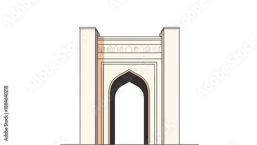 Minimalist line art illustration of a traditional Islamic architectural gateway featuring a pointed arch and intricate geometric detailing.