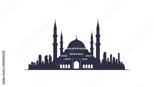 Silhouette vector illustration featuring a grand mosque with multiple minarets prominently centered within an urban cityscape profile.