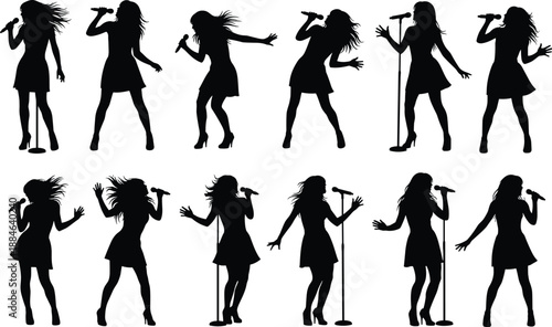 Female singer silhouette set performing live music with microphone isolated on white background vector illustration concert performance collection stage show entertainment