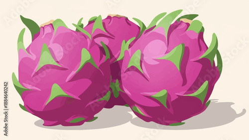 Three vibrant pink dragon fruits with green scale-like leaves