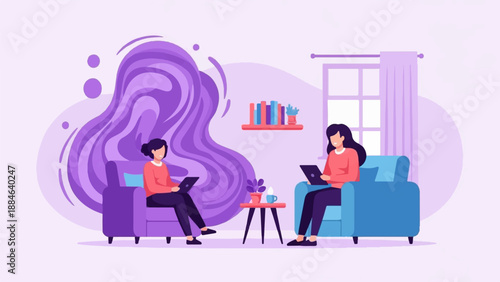 Two women relax on couches, each engrossed in their laptops in a cozy room