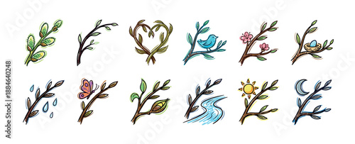 Collection of twelve hand-drawn nature icons featuring tree branches with seasonal symbols like a bird, nest, blossom, sun, and moon in a colorful, sketchy artistic style