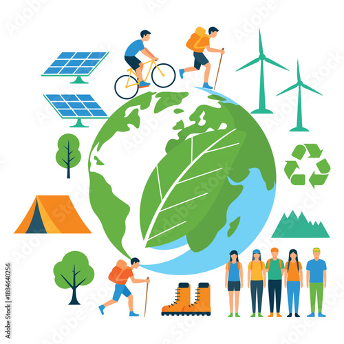 People engaging in outdoor activities around a green globe with renewable energy symbols