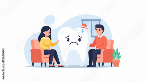 Sad tooth with worried people in chairs