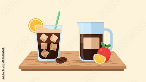 Refreshing cold coffee with ice, orange slice, and fruit
