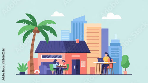 People enjoying outdoor cafe and working remotely amidst city buildings and nature