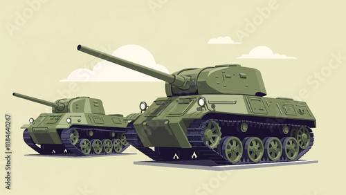 Two olive green armored vehicles with tracks and long cannons