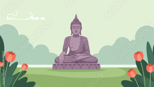 Serene Buddha statue meditation in a lush garden with tulips and clouds