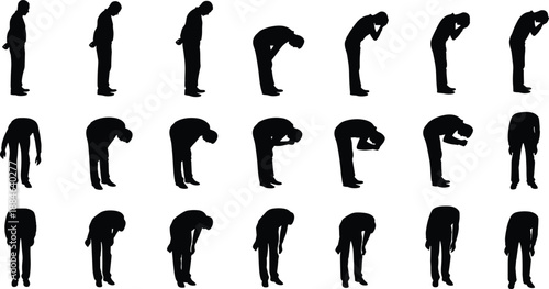 Man silhouettes bending forward in different stress and fatigue postures, body language sequence illustrating exhaustion depression and physical discomfort concept