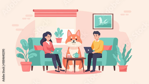 Two people and a dog work on laptops in a living room