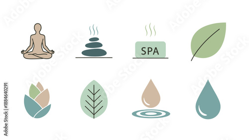 Collection of eight stylized vector icons representing essential spa treatments, wellness concepts, relaxation, and natural elements for branding.