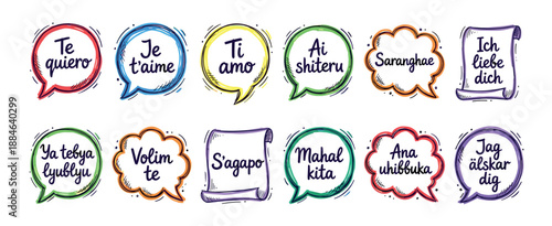 Colorful hand-drawn speech bubbles with the phrase 'I love you' in different languages, a diverse collection of romantic lettering for Valentine's Day in a cute doodle style