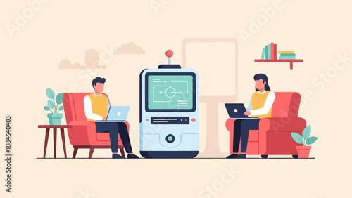 Two individuals work on laptops next to a central computer in a minimalist room