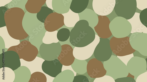 Abstract camouflage pattern featuring irregular, smooth shapes in earthy green, brown, and beige tones for textile design inspiration.