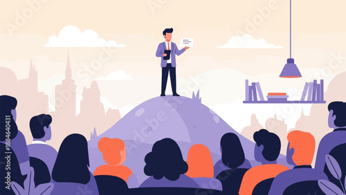 Speaker addressing audience from hill with cityscape and bookshelf background