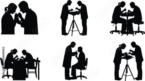 Professional silhouettes of medical experts or laboratory technicians performing detailed clinical research, diagnostic examinations, and scientific experiments in a modern healthcare facility