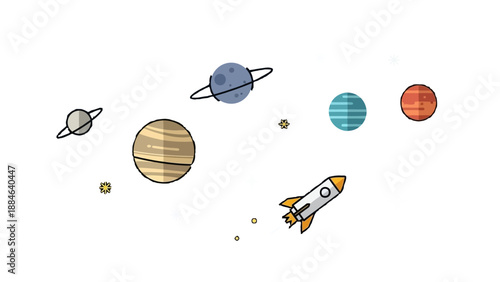 Adorable flat design cartoon rocket ship flying past various stylized planets and bright twinkling stars in deep space.