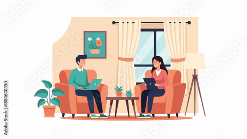 Two individuals sit in comfortable chairs working on laptops in a well-lit living room