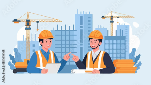 Two construction workers discuss blueprints on a site with cranes and buildings