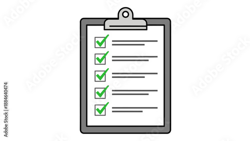 Simple illustration of a clipboard holding a completed checklist with five green checkmarks indicating task completion and progress tracking.